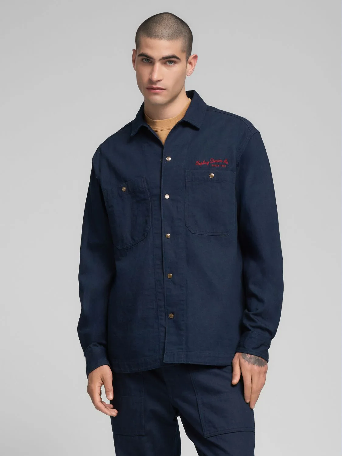 REPLAY HEMP AND COTTON DENIM OVERSHIRT M4145B.000.928 90C DARK BLUE 2