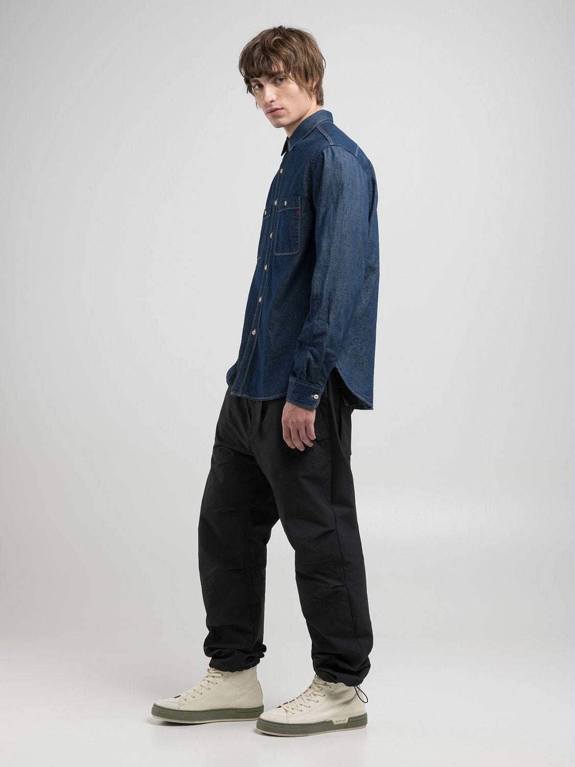 Denim shirt with r embroidery Dark blue | Replay Jeans