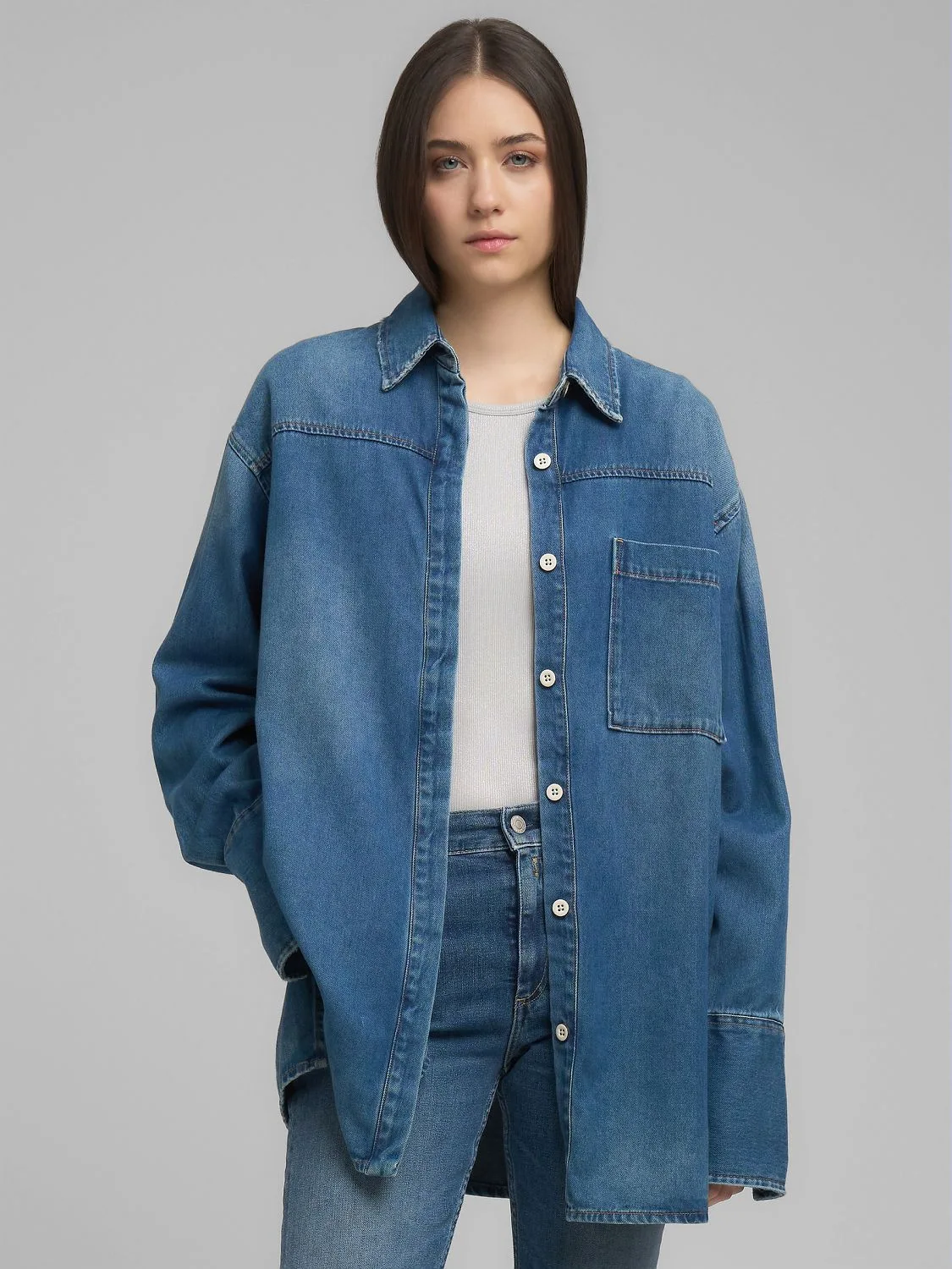 OVERSIZED COTTON-BLEND DENIM SHIRT