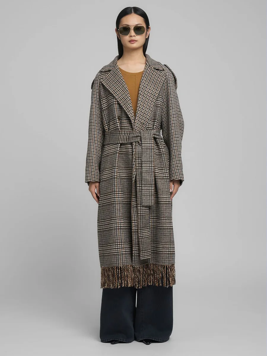 CHEQUERED WOOL-BLEND COAT WITH FRINGING main product photo