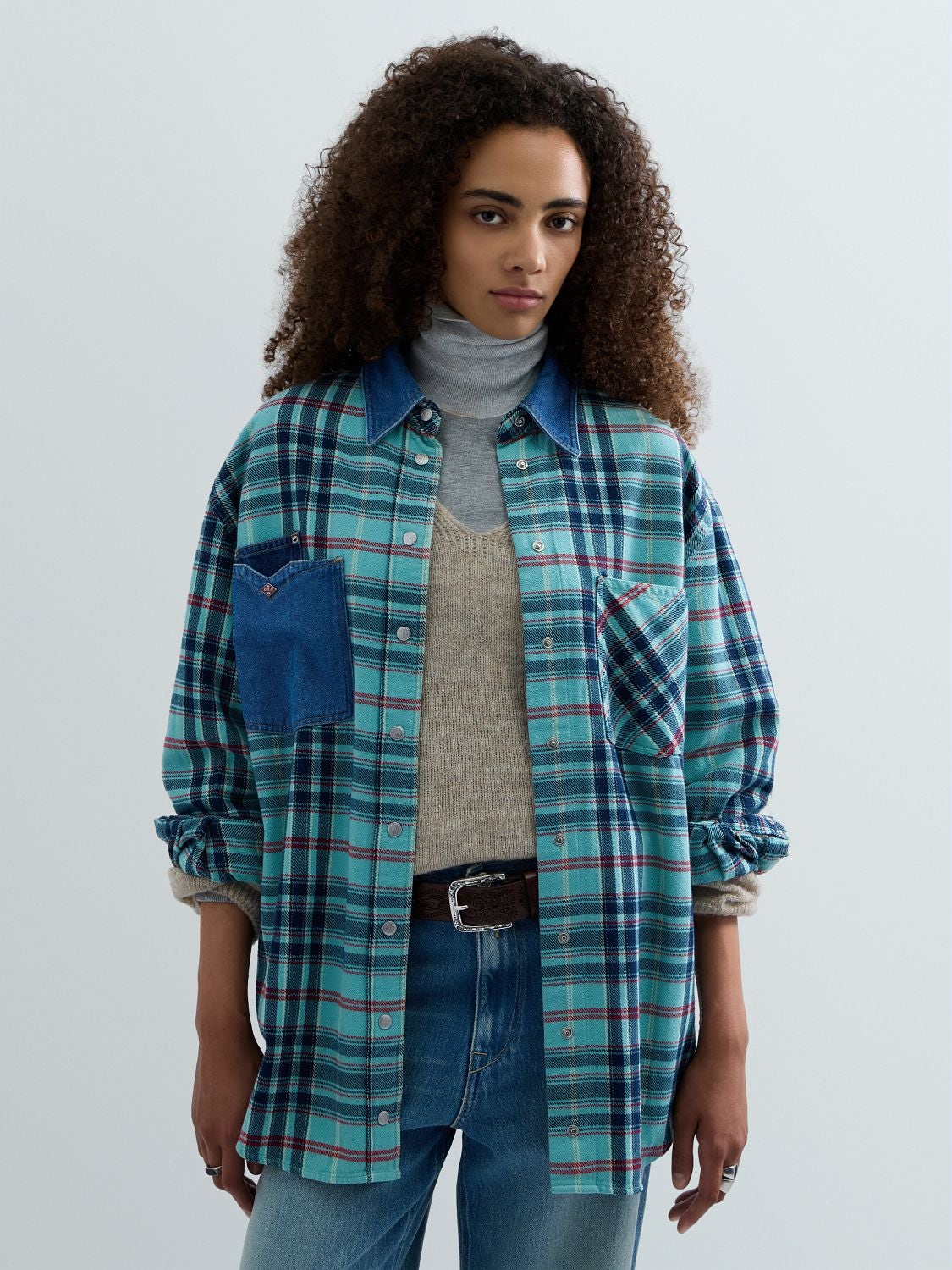 REPLAY CHEQUERED SHIRT WITH DENIM DETAILS W002T .000.00QYBW CHECKTURQUOISE/BLUE/RED/YELLOW 2