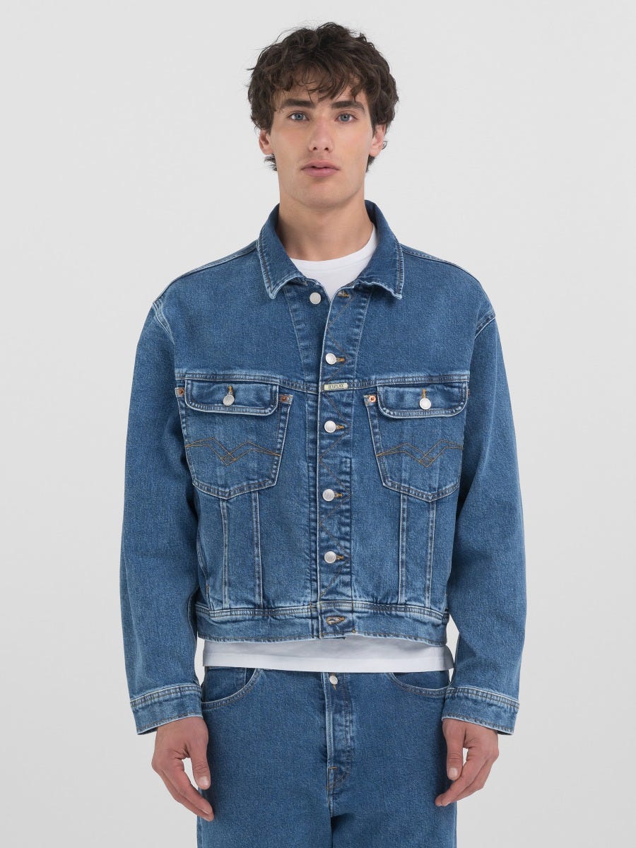 [UNKNOWN PLANET] Overfit denim blue jean jacket /追跡付 Comfort fit jacket in medium red cast indigo Medium blue
