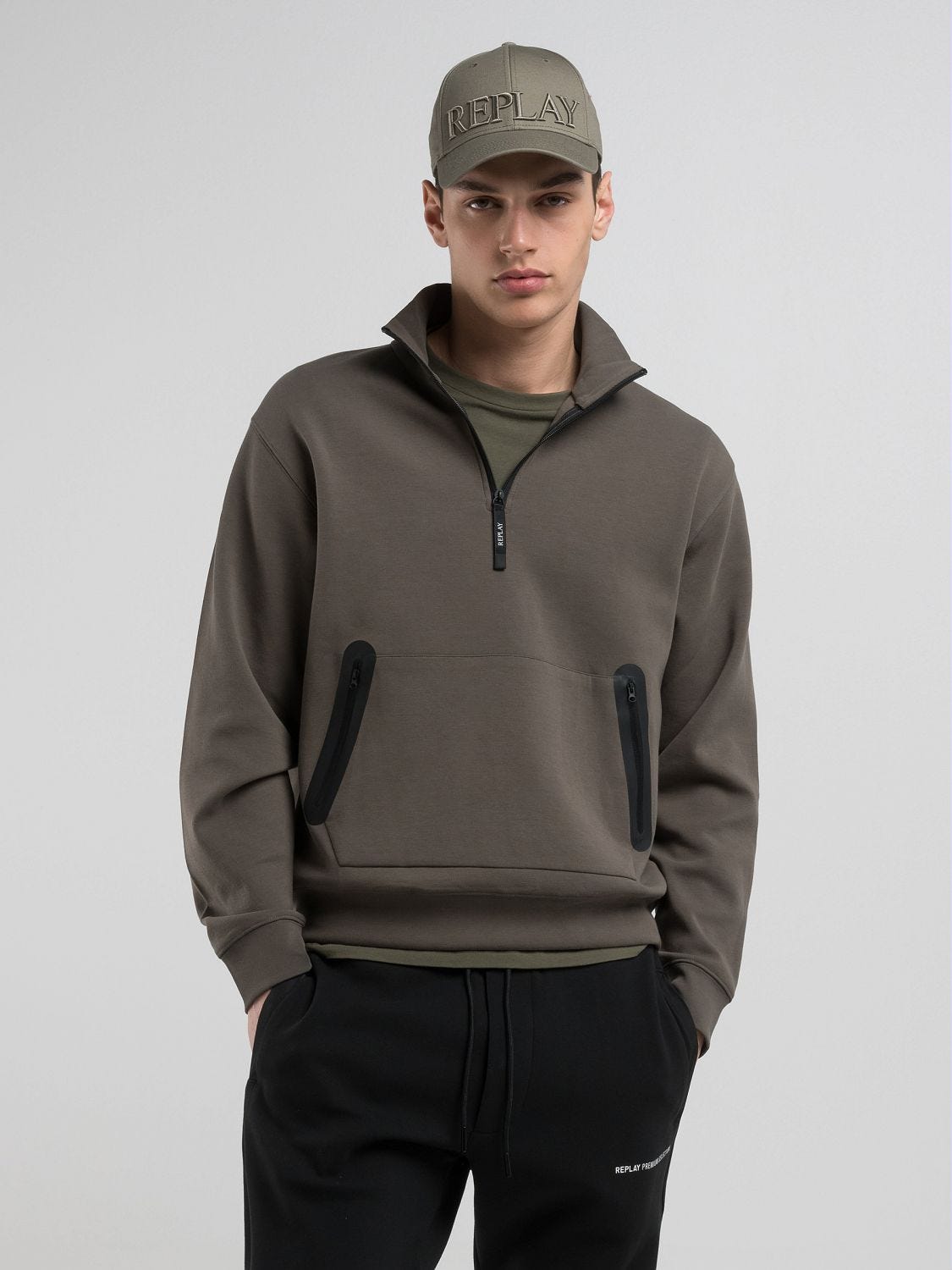 Zip-up high-neck sweatshirt Mud green | Replay Jeans