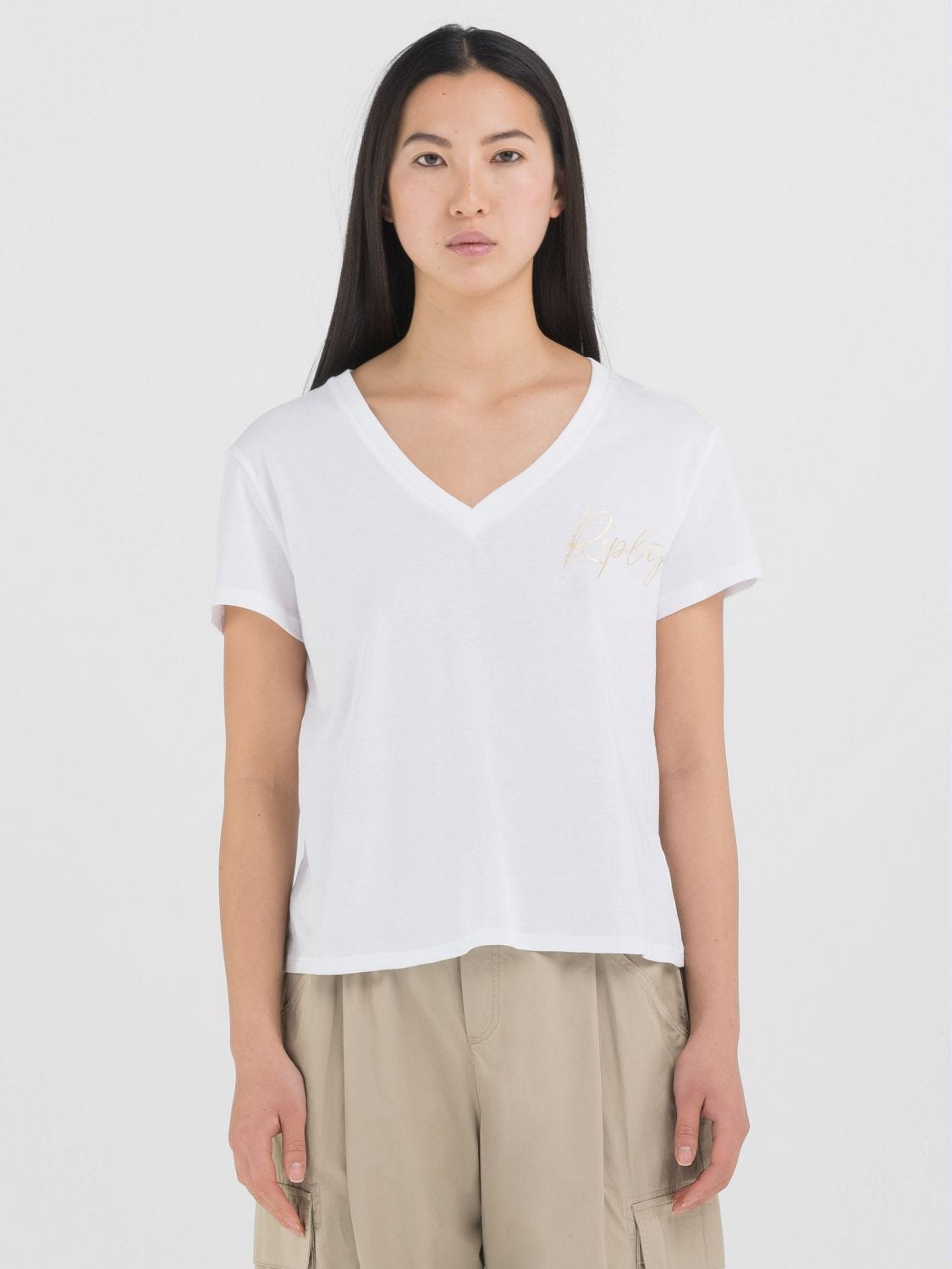 送料込★REPLAY★W3084.000.20994 半袖VネックTシャツ V-neck t-shirt with print White | Replay Jeans