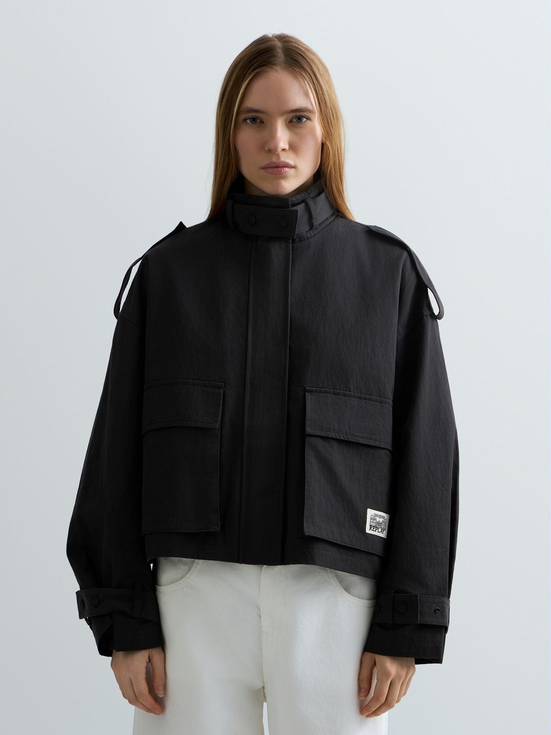 REPLAY CROPPED TWILL TRENCH COAT W7894 .000.85488 BLACK 2