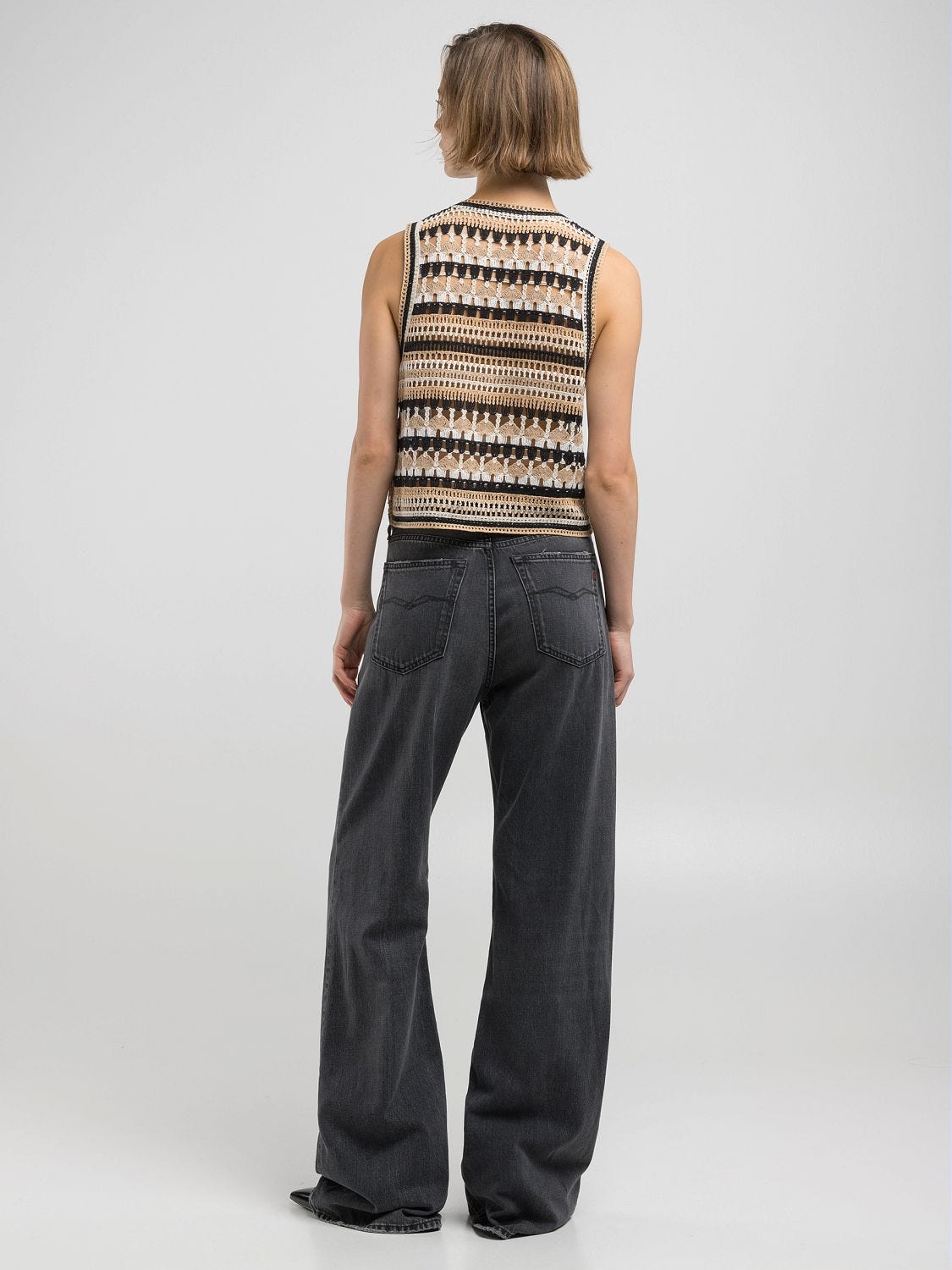 Crochet-effect cotton vest Black/beige/natural | Replay Jeans