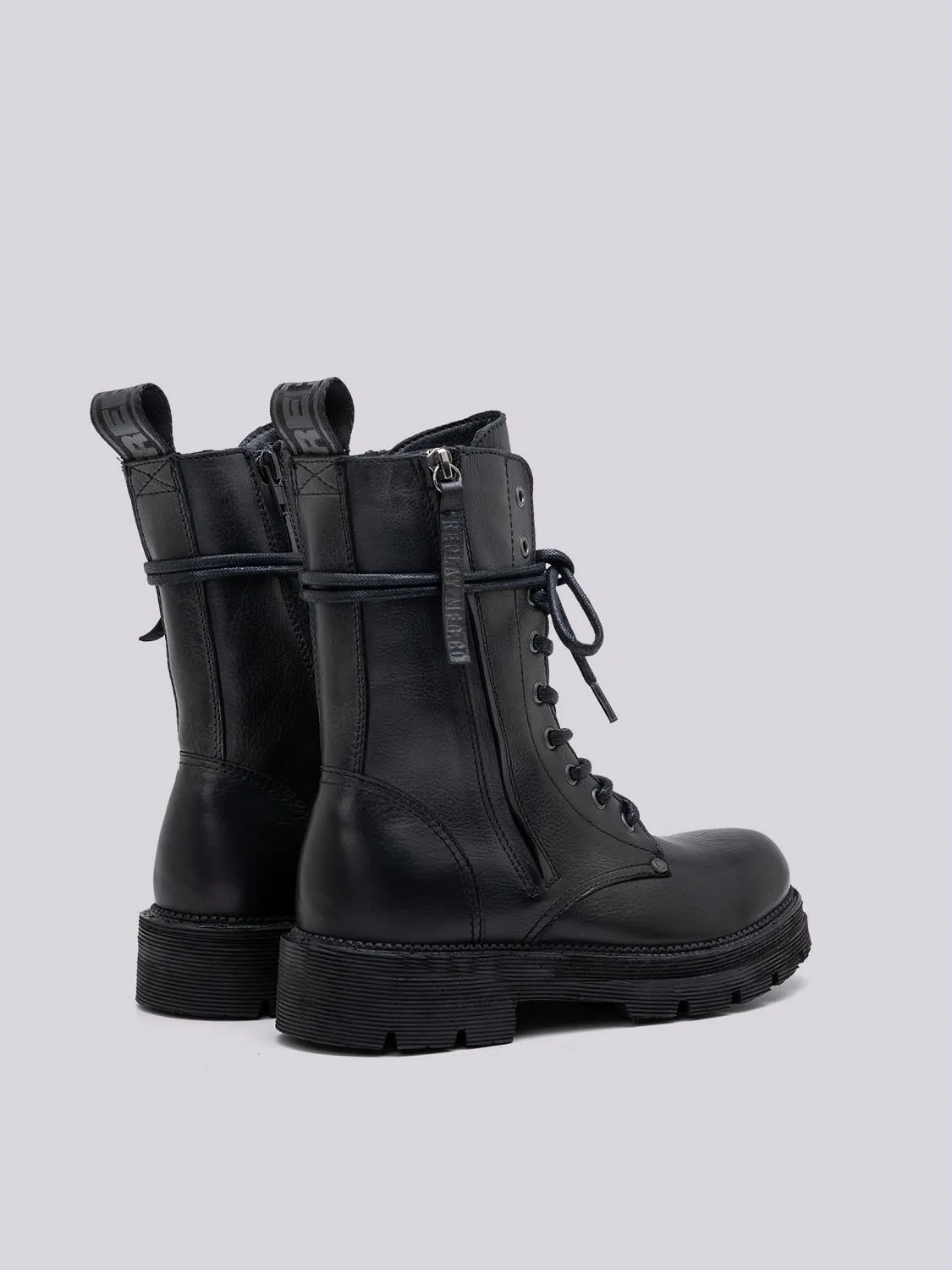 Pamela standing leather biker boots with laces Black