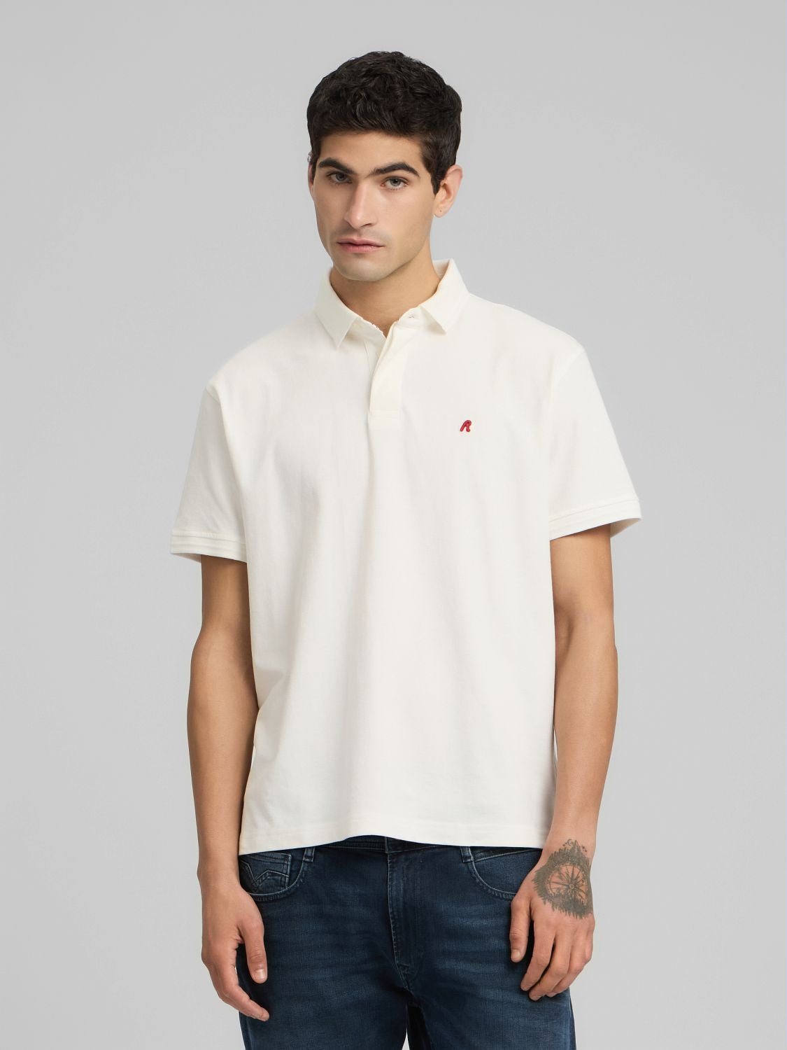 Cotton-blend piqué polo-shirt Natural white | Replay Jeans