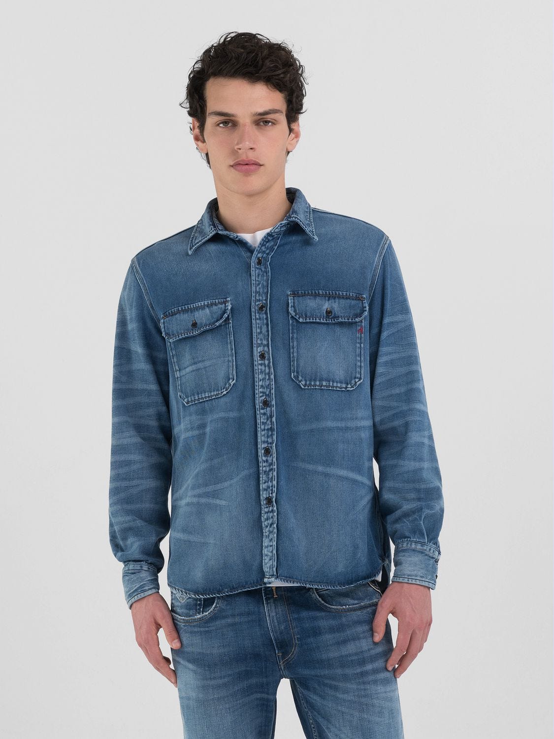 Cotton-blend denim shirt Dark blue | Replay Jeans