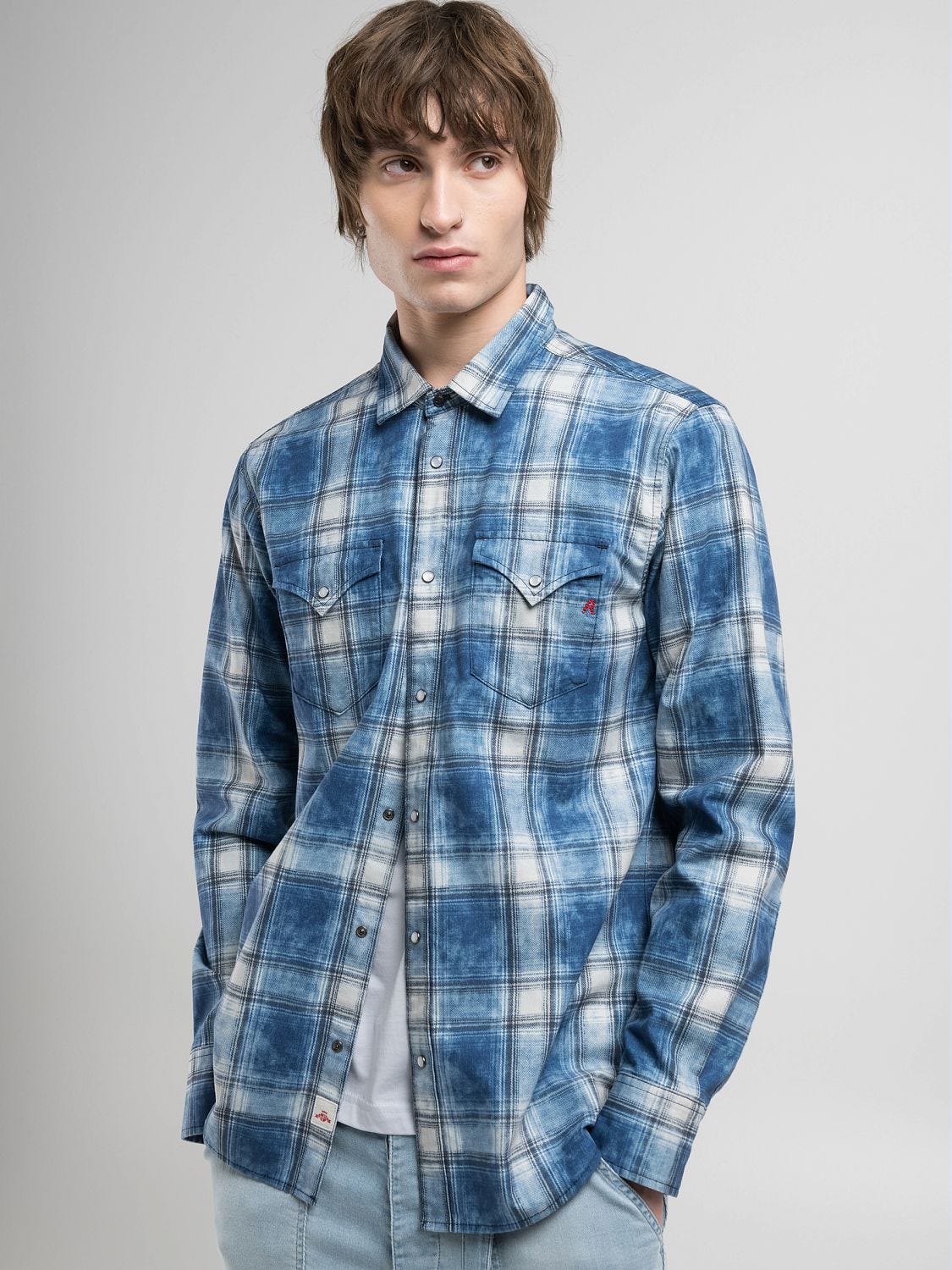 Chequered indigo denim shirt Medium blue | Replay Jeans