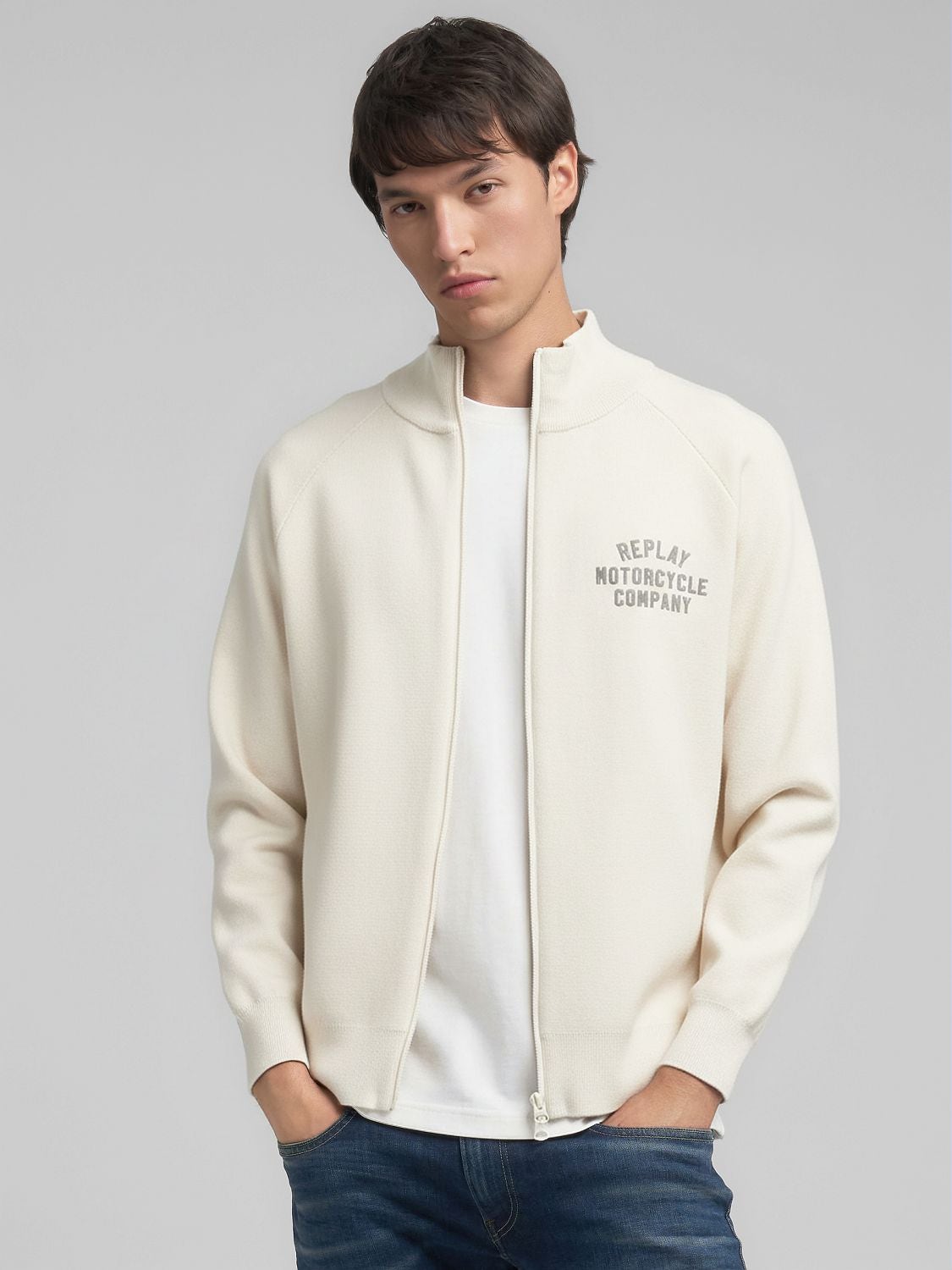 REPLAY HIGH-NECK FULL-ZIP KNIT SWEATSHIRT UK4880.000.G23896 SNOW WHITE 2