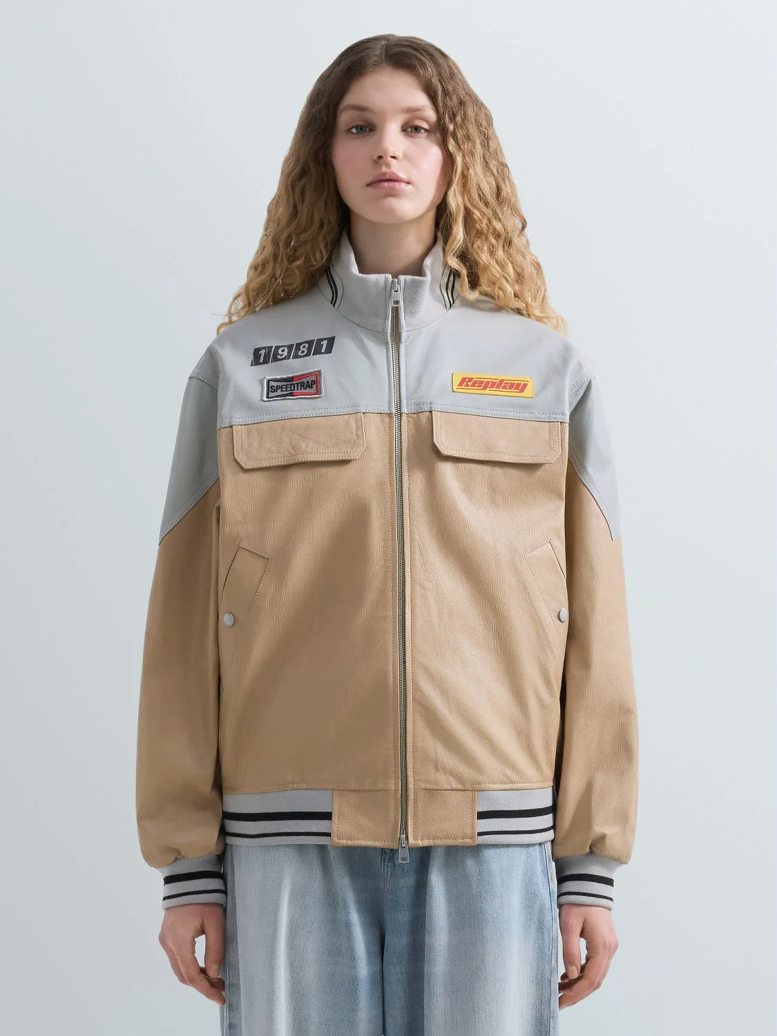 REPLAY TWO-TONE LEATHER VARSITY JACKET W7941 .000.85230 SAND/BUTTER 2