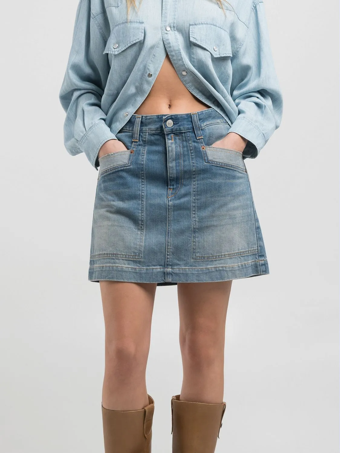 Distressed-effect denim miniskirt Medium blue | Replay Jeans