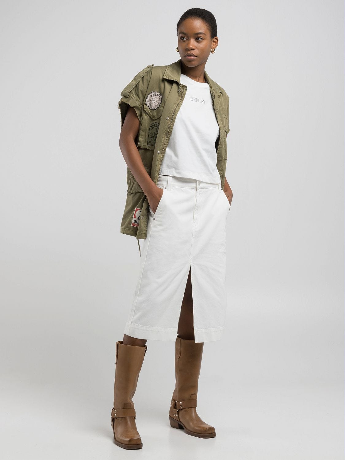 【まさえ】YMYM ワイエムワイエム　someday knit skirt White denim midi skirt Natural white | Replay Jeans