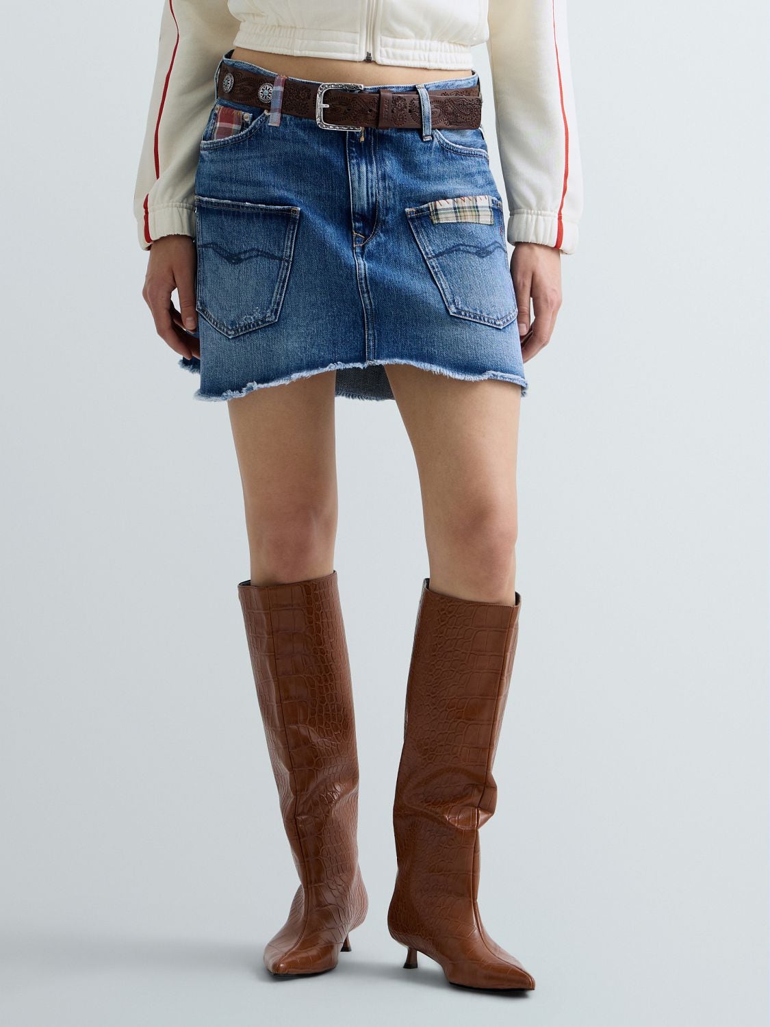 REPLAY DENIM MINISKIRT WITH CHEQUERED DETAILS W000O .00C.912 247 MEDIUM BLUE 2