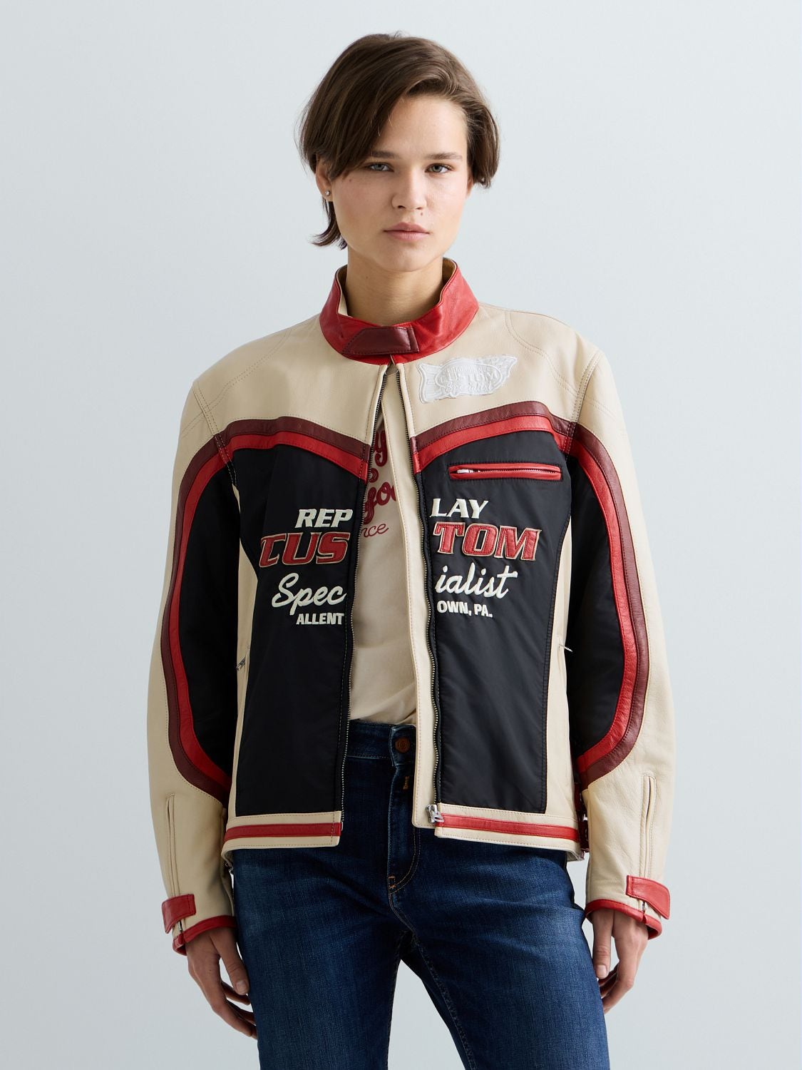 REPLAY BIKER-STYLE JACKET WITH CONTRASTING INSERTS W08O8 .000.7225L EGGNOG 2